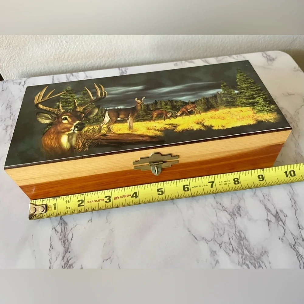 Wooden Deer Trinket Box 9.5” Wildlife Scene Rustic Lodge Decor Buck Forest Art